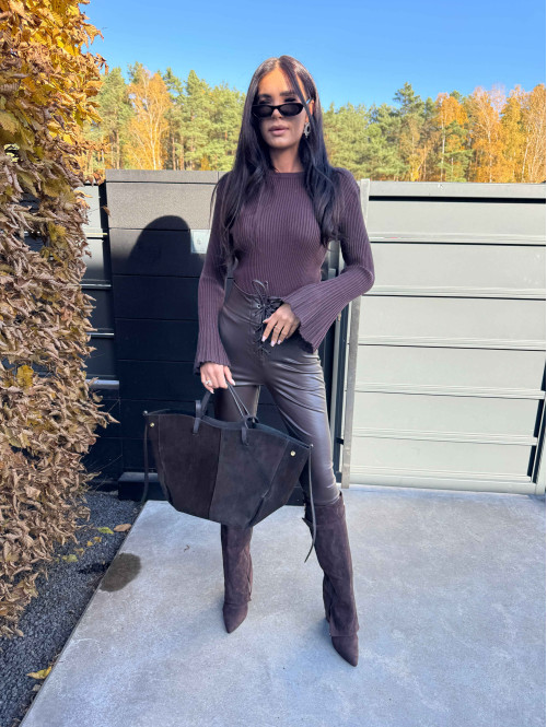 Brązowe dopasowane spodnie z eko skóry z wiązaniem i zamkiem Tessa 173 - photo #32