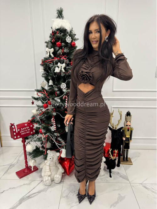 Brązowa sukienka maxi drapowana z różą Inez 26 - photo #2