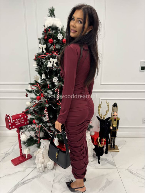 Bordowa  sukienka maxi drapowana z różą Inez 26 - photo #7