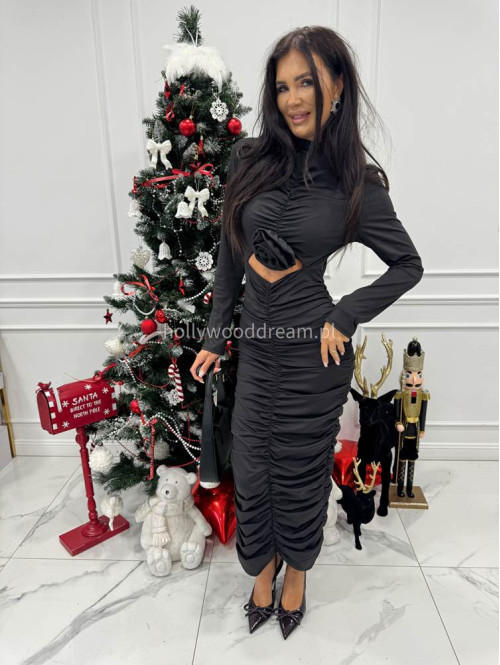 Czarna sukienka maxi drapowana z różą Inez 26 - photo #3