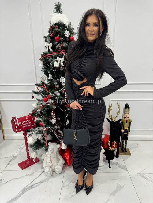 Czarna sukienka maxi drapowana z różą Inez 26 - photo #4