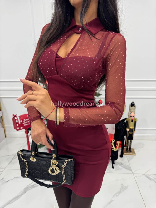 Sukienka z siateczkową górą z cekinami i kołnierzem DOROTA bordowa 17 - photo #7