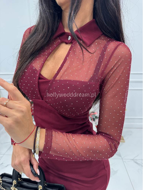 Sukienka z siateczkową górą z cekinami i kołnierzem DOROTA bordowa 17 - photo #8