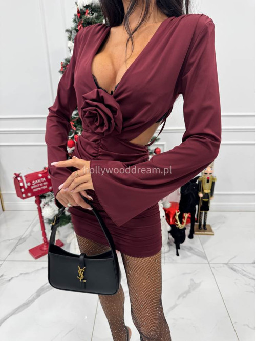Bordowa sukienka mini z różą, marszczeniami i szerokimi rękawami LINDA 26 - photo #11