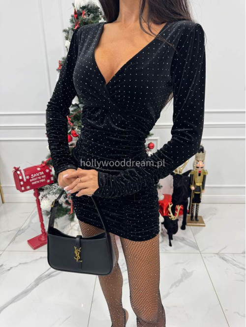 Czarna sukienka mini welurowa marszczona na długi rękaw z cyrkoniami GABRYSIA 26 - photo #1