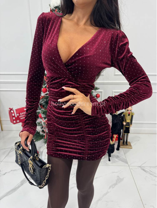 Bordowa sukienka mini welurowa marszczona na długi rękaw z cyrkoniami GABRYSIA 26 - photo #8