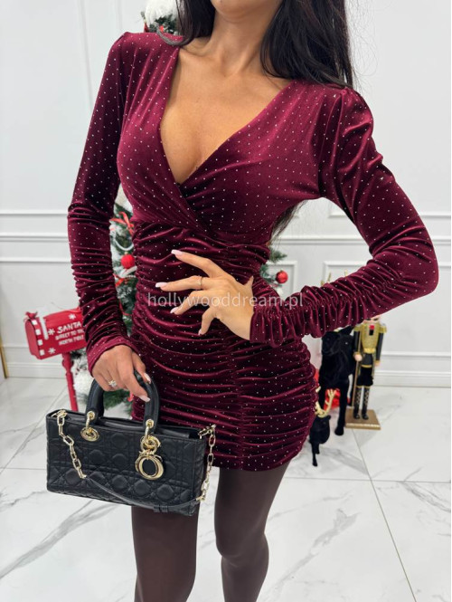 Bordowa sukienka mini welurowa marszczona na długi rękaw z cyrkoniami GABRYSIA 26 - photo #10