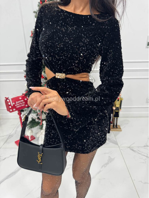 Czarna sukienka mini cekinowa na długi rękaw z wycięciem w talii i złotą ozdobą HONORATA 26 - photo #13