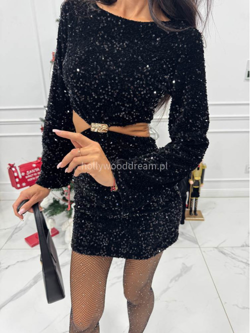Czarna sukienka mini cekinowa na długi rękaw z wycięciem w talii i złotą ozdobą HONORATA 26 - photo #14