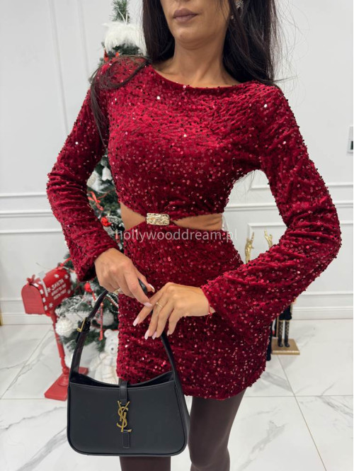 Bordowa sukienka mini cekinowa na długi rękaw z wycięciem w talii i złotą ozdobą HONORATA 26 - photo #9