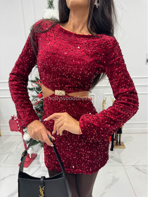 Bordowa sukienka mini cekinowa na długi rękaw z wycięciem w talii i złotą ozdobą HONORATA 26 - photo #11