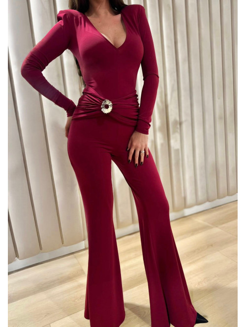 Bordowy kombinezon z broszką, dekoltem V i pasem na brzuchu NIKO 173 - photo #10