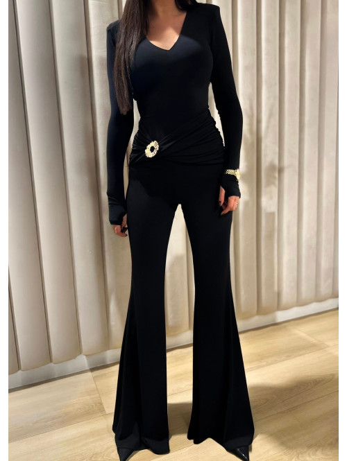 Czarny kombinezon z broszką, dekoltem V i pasem na brzuchu NIKO 173 - photo #13