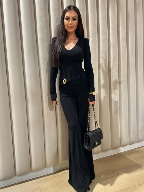 Czarny kombinezon z broszką, dekoltem V i pasem na brzuchu NIKO 173 - photo #15