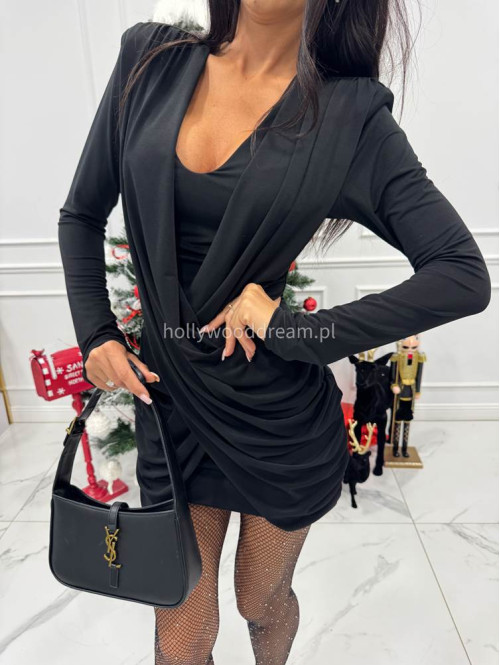 Czarna sukienka mini z szarfami na przodzie i długim rękawem EDIT 26 - photo #10