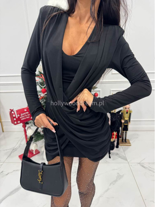 Czarna sukienka mini z szarfami na przodzie i długim rękawem EDIT 26 - photo #11