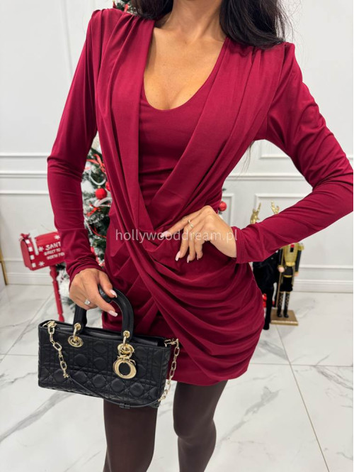 Bordowa sukienka mini z szarfami na przodzie i długim rękawem EDIT 26 - photo #1