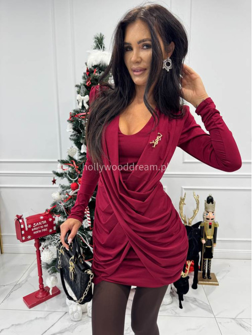 Bordowa sukienka mini z szarfami na przodzie i długim rękawem EDIT 26 - photo #4