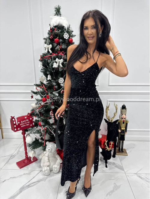 Czarna sukienka maxi cekinowa na ramiączkach z wiązaniem na plecach ROKSANA 26 - photo #7