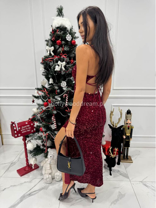 Bordowa sukienka maxi cekinowa na ramiączkach z wiązaniem na plecach ROKSANA 26 - photo #1
