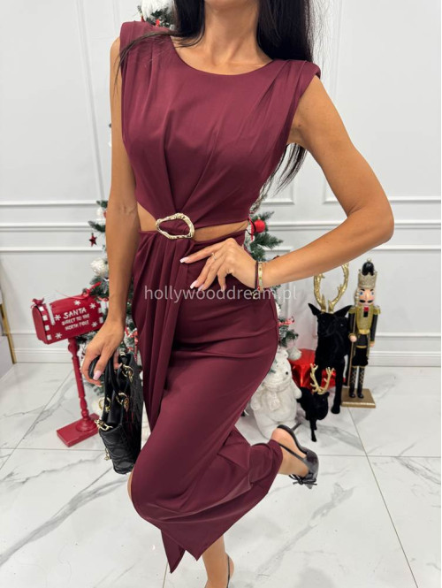 Bordowa sukienka maxi z wycięciami w talii i rozporkiem Beatris 26 - photo #2