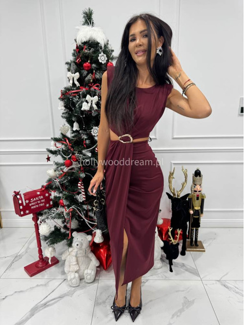 Bordowa sukienka maxi z wycięciami w talii i rozporkiem Beatris 26 - photo #4