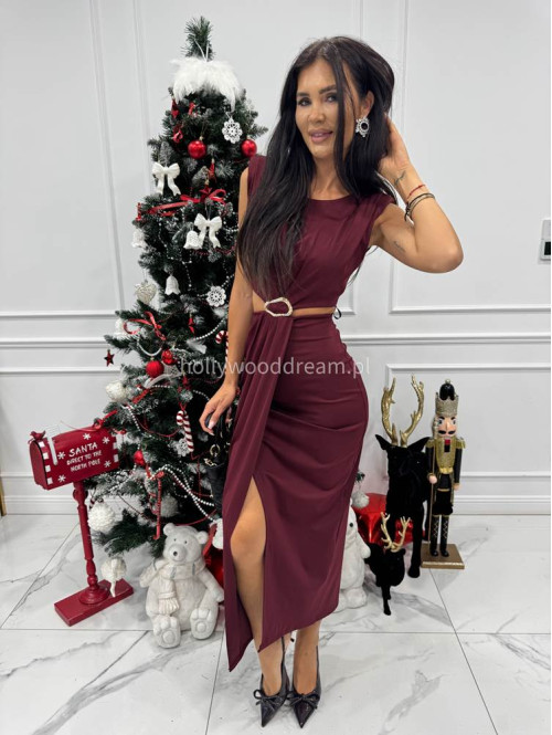 Bordowa sukienka maxi z wycięciami w talii i rozporkiem Beatris 26 - photo #5