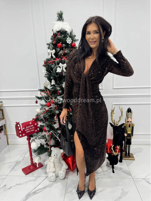 Brązowa sukienka maxi cekinowa na długi rękaw z rozporkiem Suzi 26 - photo #4