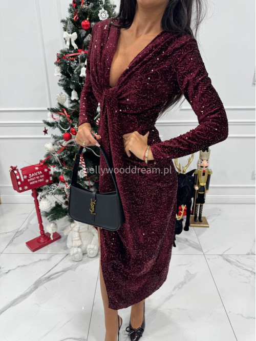 Bordowa sukienka maxi cekinowa na długi rękaw z rozporkiem Suzi 26 - photo #6