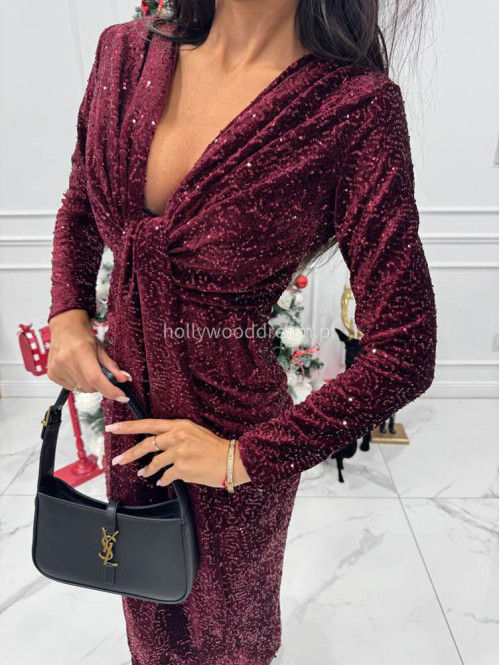 Bordowa sukienka maxi cekinowa na długi rękaw z rozporkiem Suzi 26 - photo #7