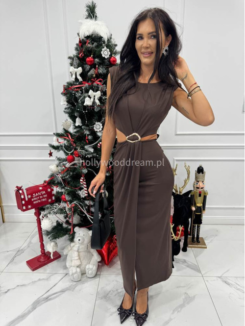 Brązowa sukienka maxi z wycięciami w talii i rozporkiem Beatris 26 - photo #3