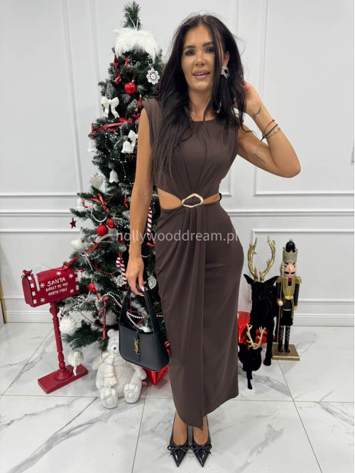 Brązowa sukienka maxi z wycięciami w talii i rozporkiem Beatris 26 - photo #6