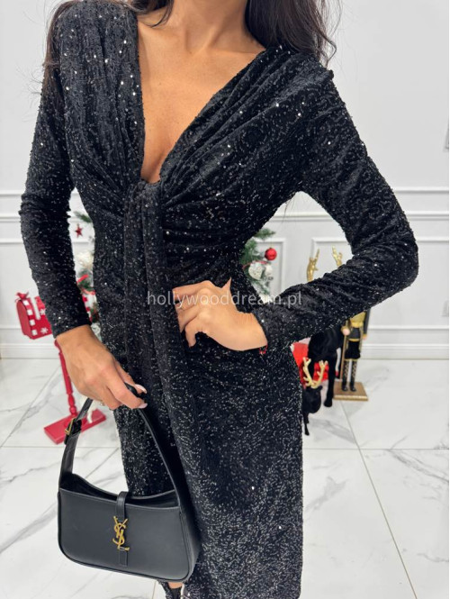 Czarna sukienka maxi cekinowa na długi rękaw z rozporkiem Suzi 26 - photo #3