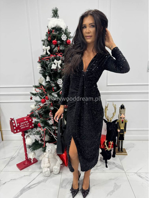 Czarna sukienka maxi cekinowa na długi rękaw z rozporkiem Suzi 26 - photo #5