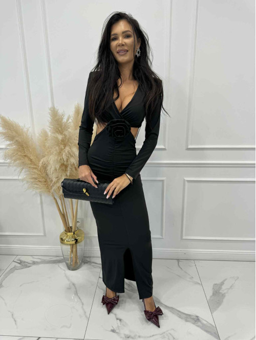 Czarna sukienka maxi z wycięciami w talii i różą Marbi26 - photo #1