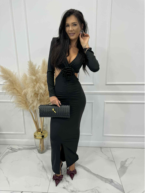 Czarna sukienka maxi z wycięciami w talii i różą Marbi26 - photo #3