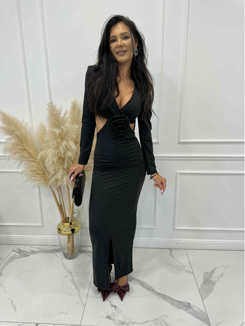 Czarna sukienka maxi z wycięciami w talii i różą Marbi26 - photo #4