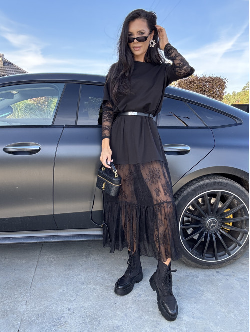 Czarna sukienka maxi oversize z koronkowym dołem i rękawami INGA 17 - photo #15