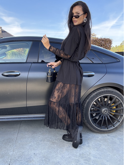 Czarna sukienka maxi oversize z koronkowym dołem i rękawami INGA 17 - photo #17