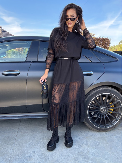 Czarna sukienka maxi oversize z koronkowym dołem i rękawami INGA 17