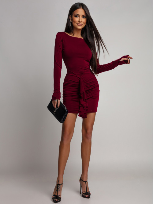 Bordowa sukienka mini z drapowaniem i falbaną na przodzie Ilona 26 - photo #0
