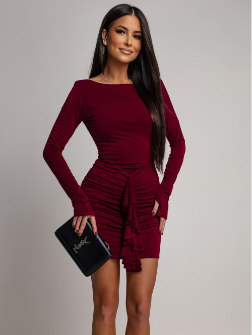 Bordowa sukienka mini z drapowaniem i falbaną na przodzie Ilona 26 - photo #2