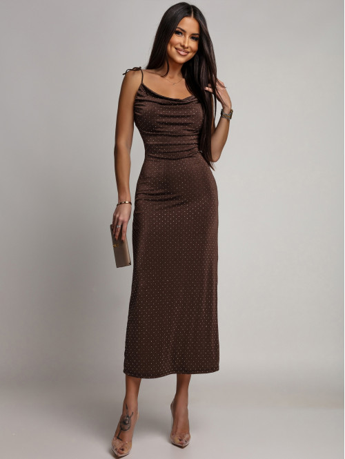 Brązowa Sukienka maxi z lejącym dekoltem+odkyte plecy z cekinami SHELBY 26 - photo #0