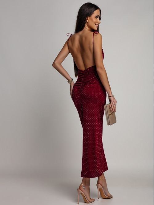 Bordowa Sukienka maxi z lejącym dekoltem+odkyte plecy z cekinami SHELBY 26