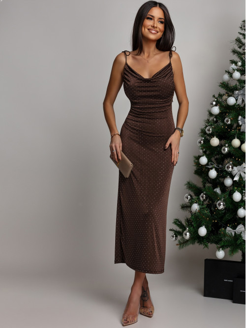Brązowa Sukienka maxi z lejącym dekoltem+odkyte plecy z cekinami SHELBY 26 - photo #3