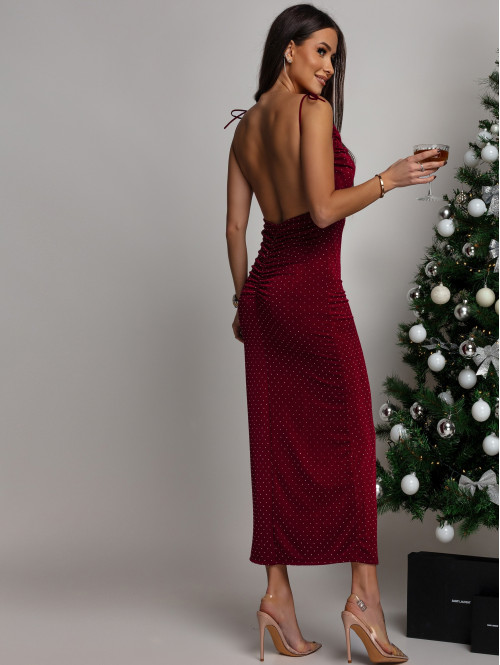 Bordowa Sukienka maxi z lejącym dekoltem+odkyte plecy z cekinami SHELBY 26 - photo #3