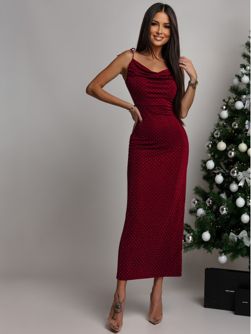 Bordowa Sukienka maxi z lejącym dekoltem+odkyte plecy z cekinami SHELBY 26 - photo #4