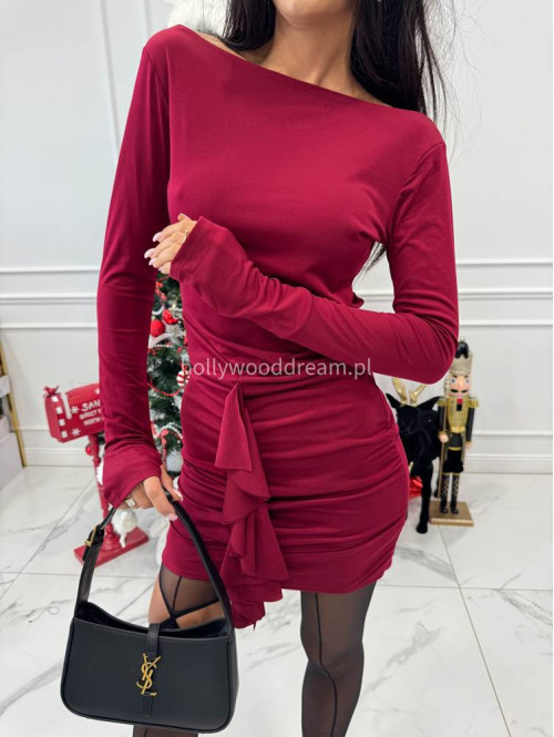 Bordowa sukienka mini z drapowaniem i falbaną na przodzie Ilona 26 - photo #13