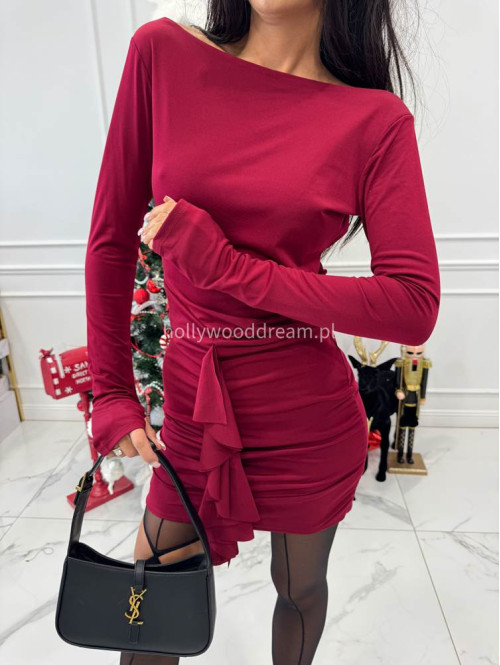 Bordowa sukienka mini z drapowaniem i falbaną na przodzie Ilona 26 - photo #14