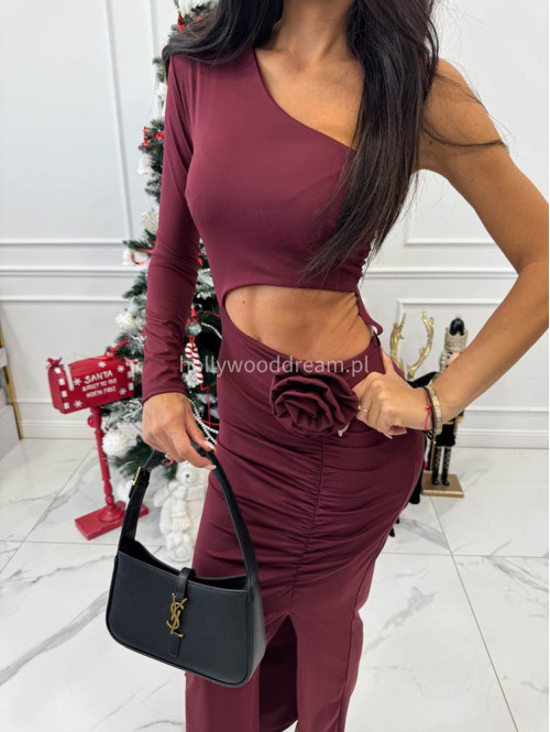 Bordowa sukienka midi jeden rękaw z wycięciem w talii i różą ANTONIA 26 - photo #2